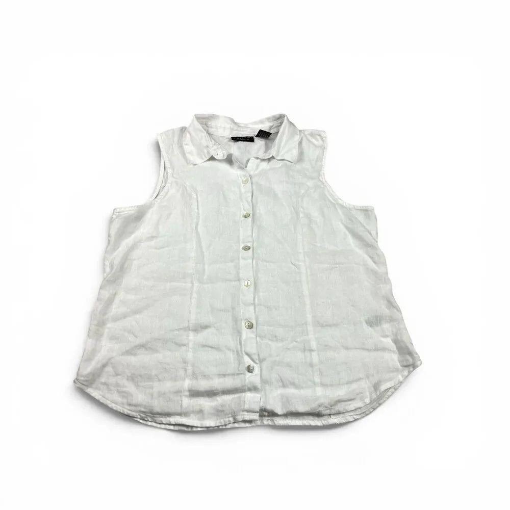 Tahari Linen Button Shirt White Lightweight Breathable Sleeveless Collared Top M